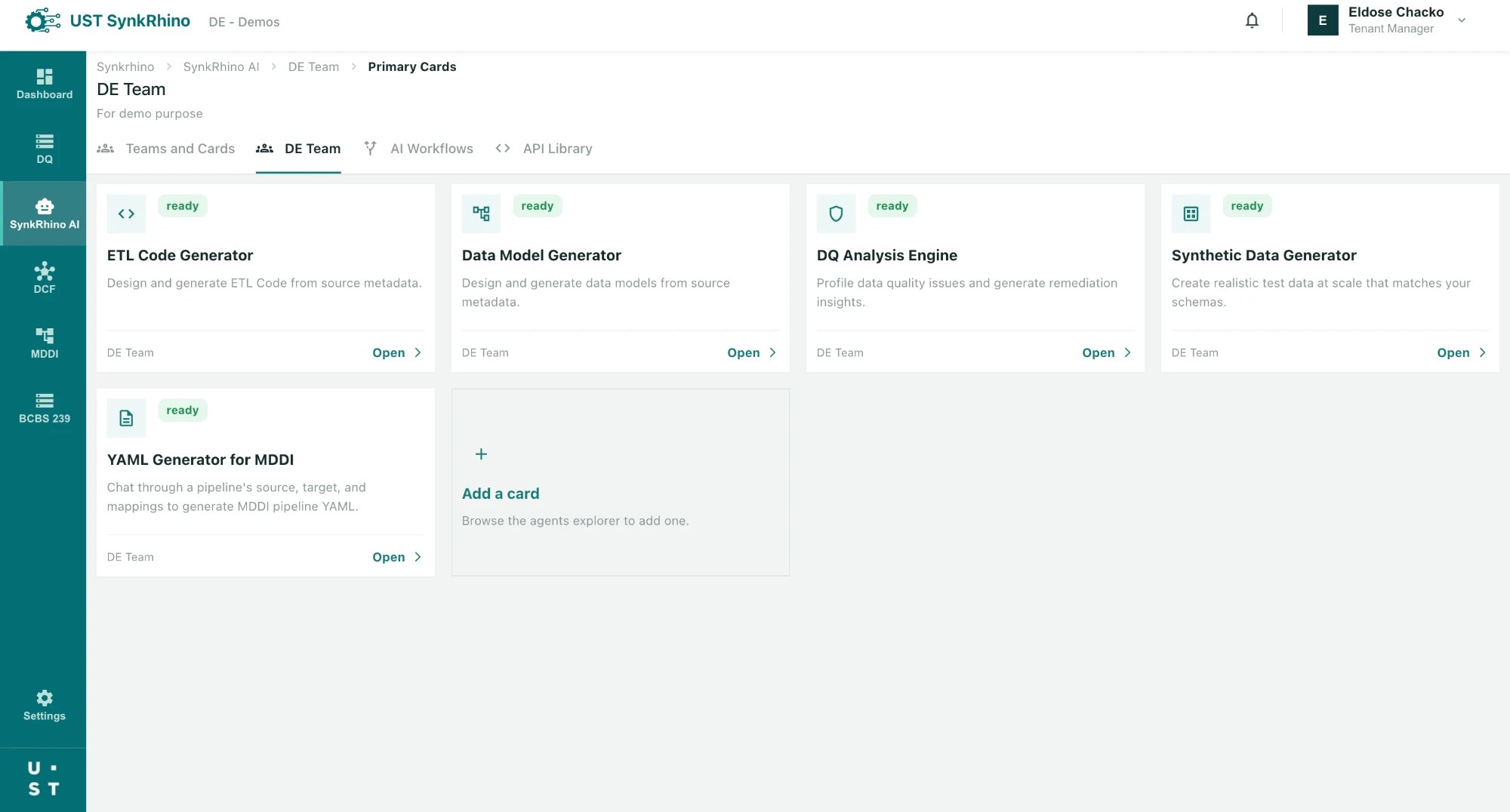 SynkRhino AI team workspace with generator cards