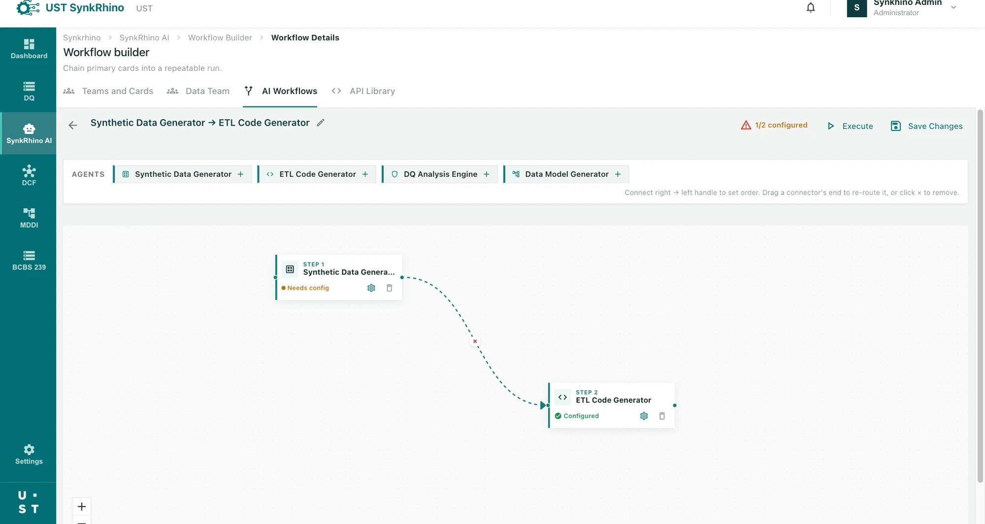 SynkRhino AI workflow builder chaining agent cards together