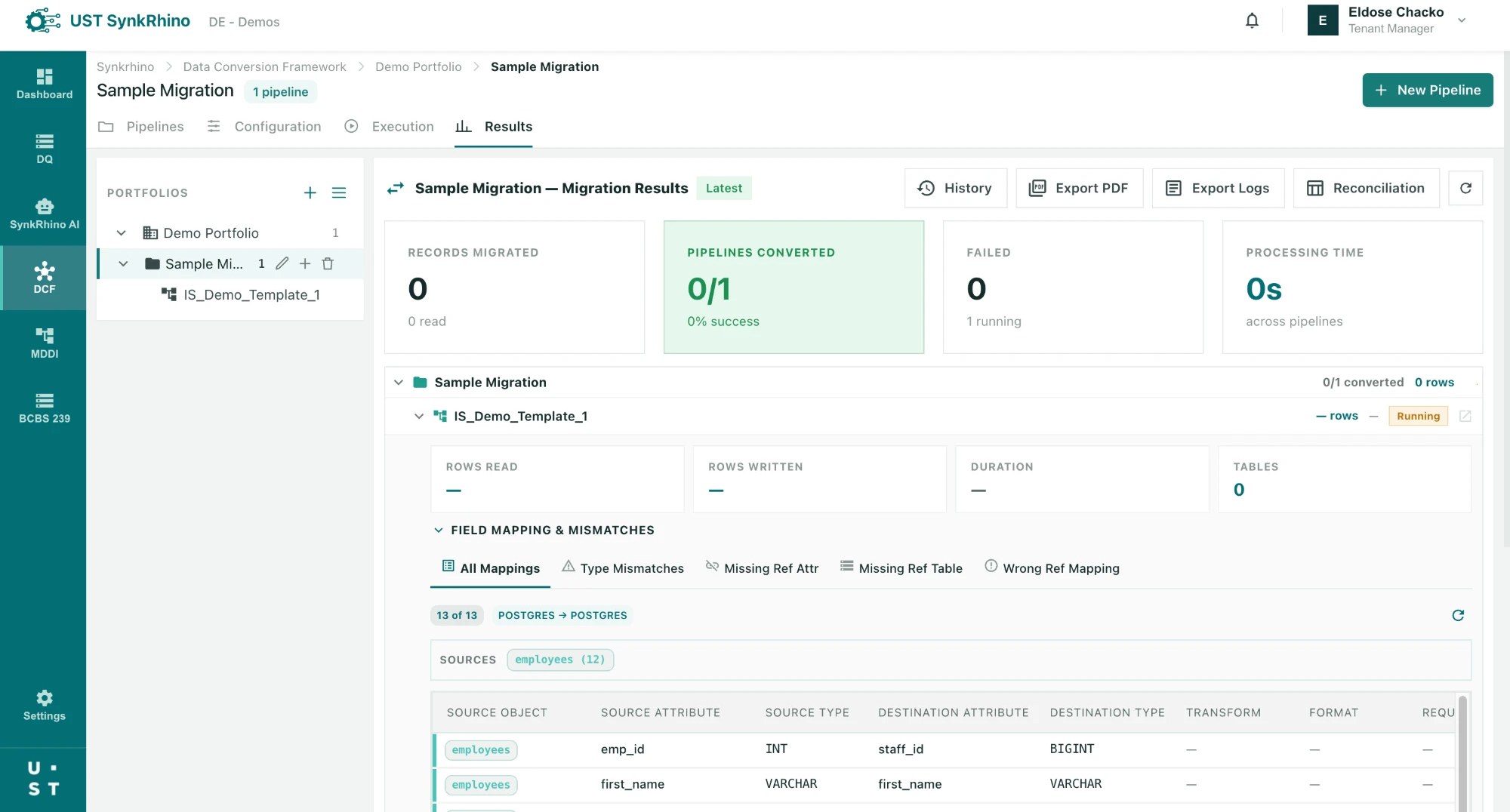 Data Conversion Framework migration results and field mapping