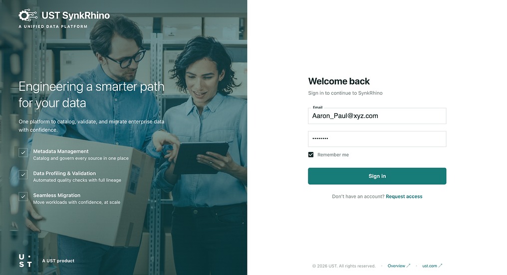 SynkRhino platform sign-in screen